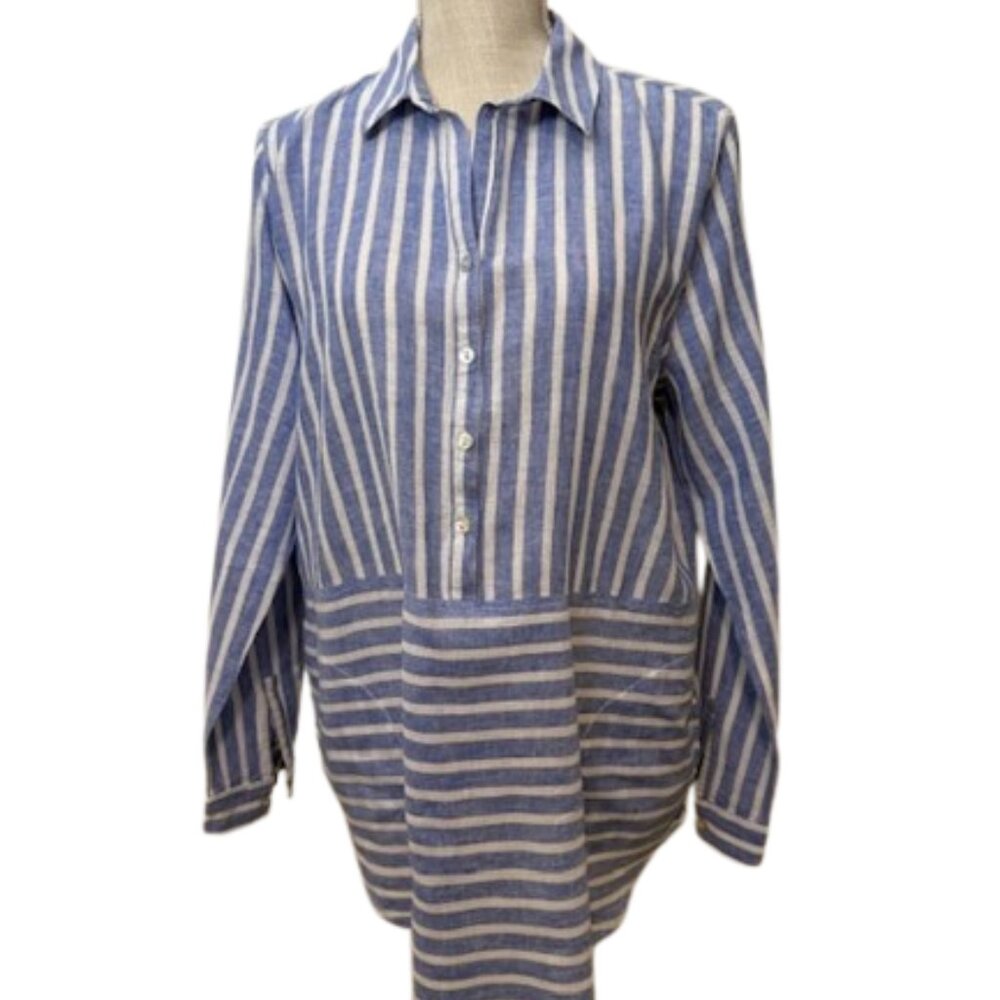 beachlunchlounge Blue and White Striped Linen Tunic Top